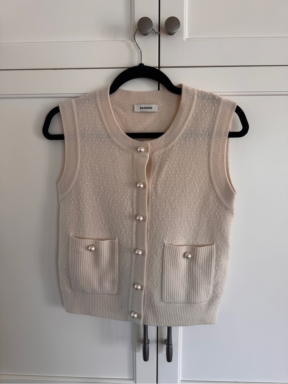 Sandro Cream Cropped Sleeveless Cardigan with Pearl Buttons - Picture 5 of 5